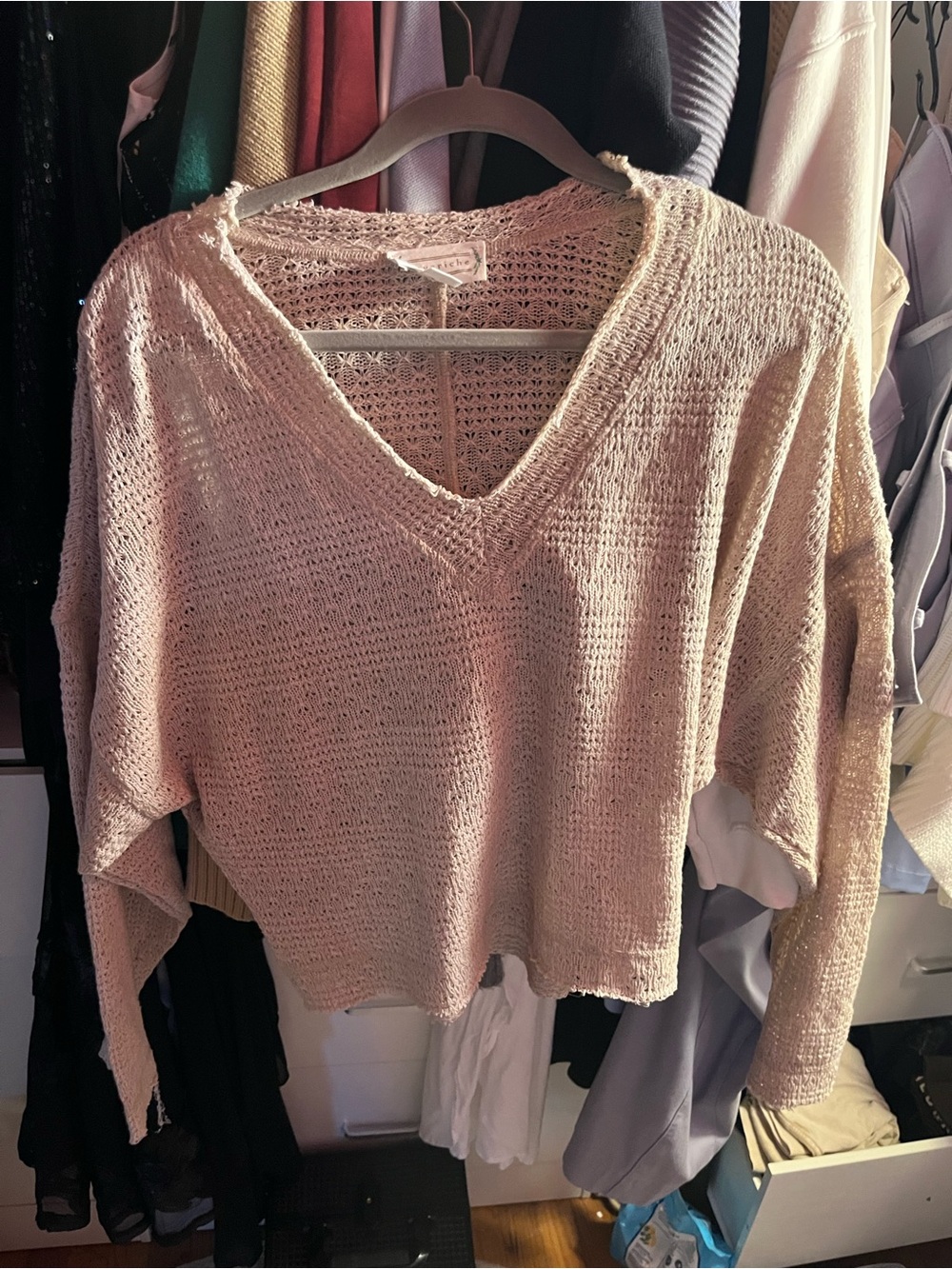 Love Riche Light Pink V-Neck Open Knit Sweater